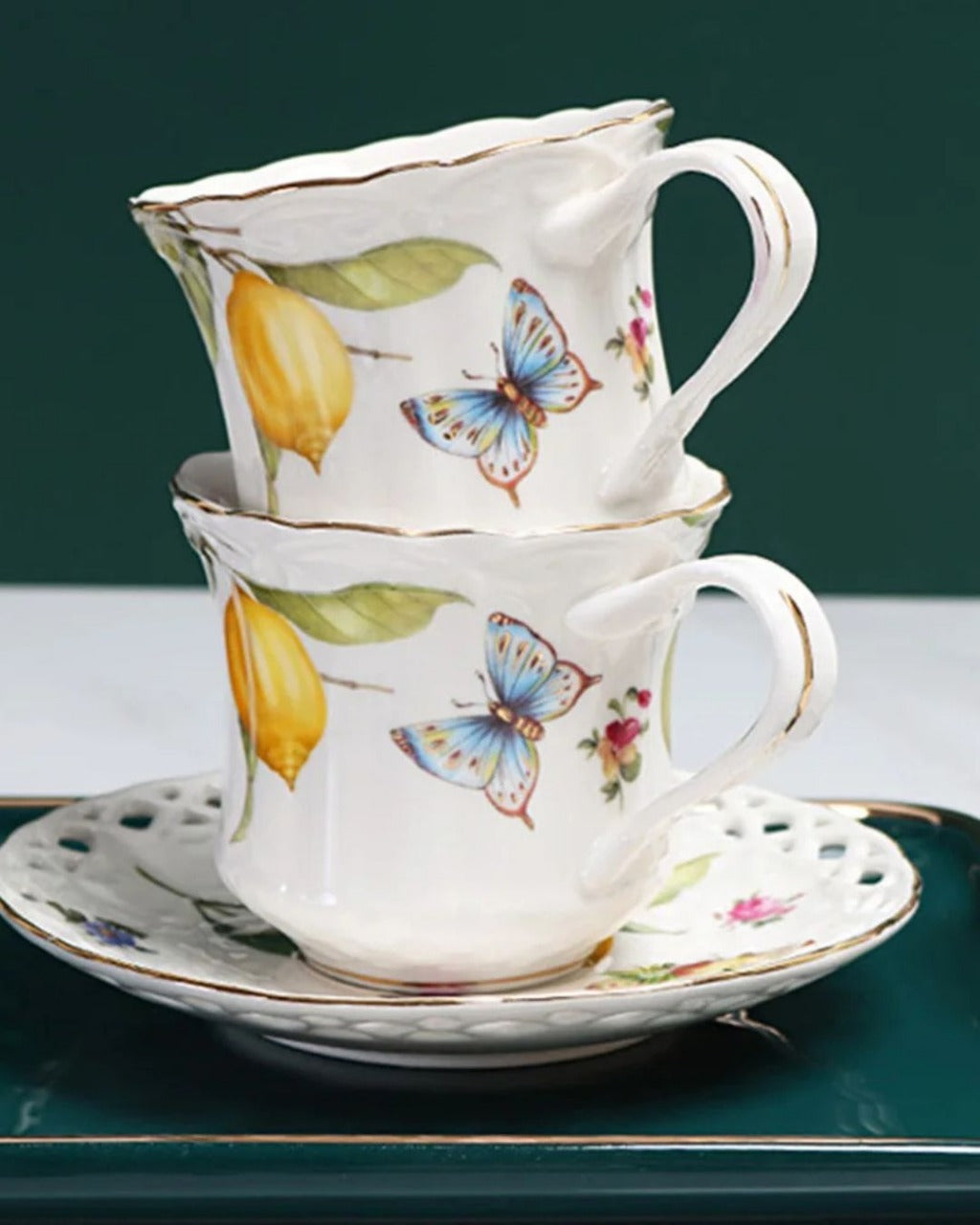 Xícara de Café em Cerâmica com Estampa de Limão Siciliano com 3 peças